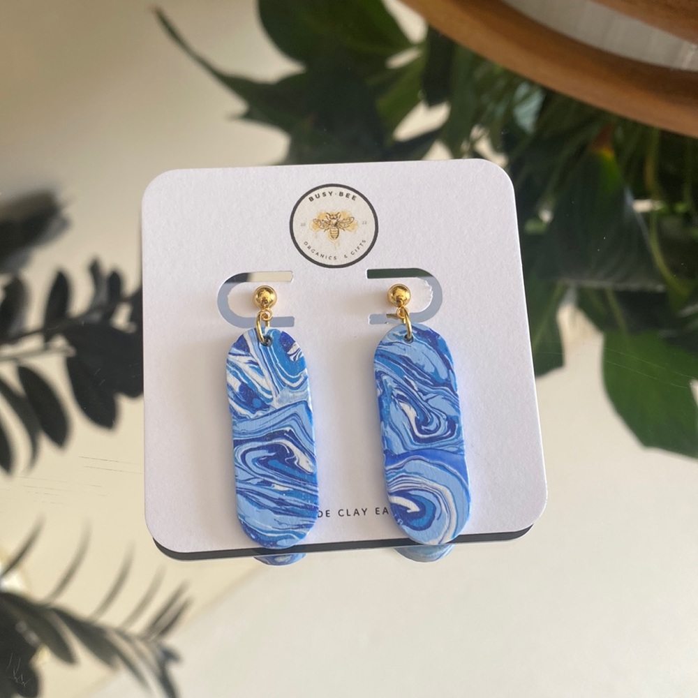 BUSY • BEE BLUE MARBLE DANGLE CLAY EARRINGS